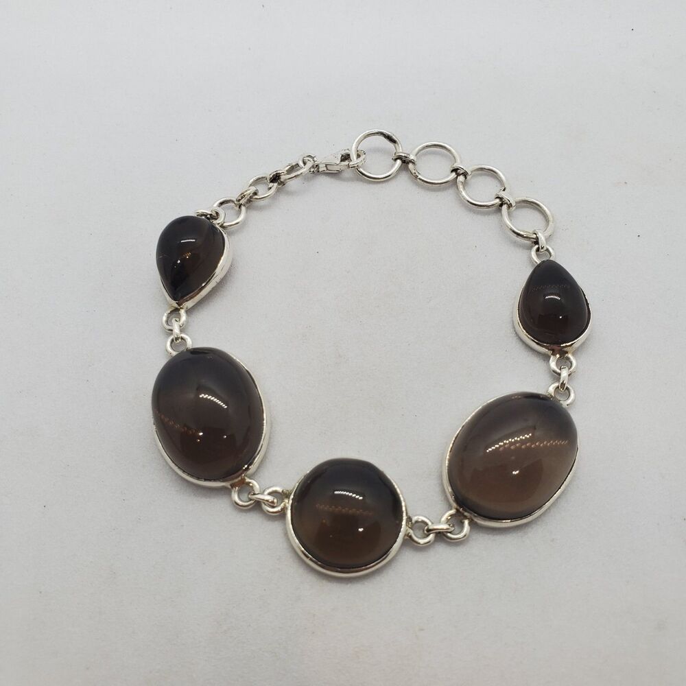 6.5" to 7.5" Sterling Silver and Smokey Quartz Bracelet 925
